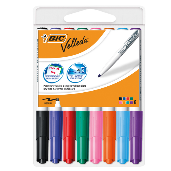  Pennarello Whiteboard Marker Velleda 1741 - punta tonda 1,4 mm - colori assortiti - Bic - astuccio 8 pezzi 