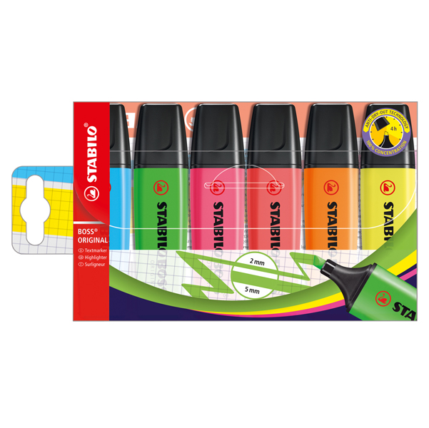  Evidenziatore Boss Original - punta a scalpello - tratto 2 - 5 mm - colori assortiti - Stabilo - busta 6 pezzi 