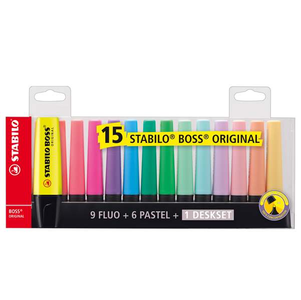  Evidenziatore Boss Original - punta a scalpello - tratto 2 - 5 mm - colori assortiti fluo + pastel - Stabilo - deskset 15 pezzi 