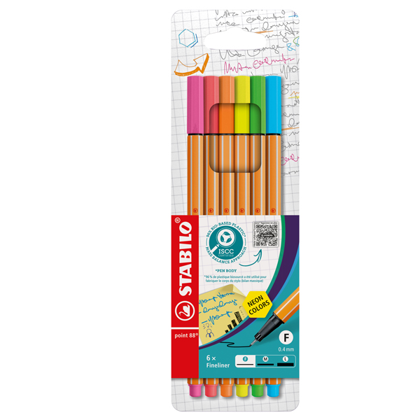  Fineliner Point 88 - tratto 0,4 mm - colori assortiti neon - Stabilo - conf. 6 pezzi 