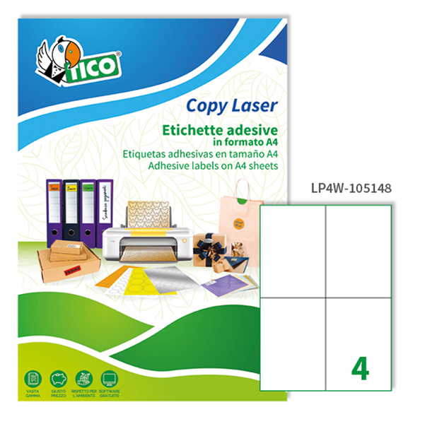  Etichette adesive LP4W - in carta - permanenti - 105 x 148 mm - 4 et/fg - 100 fogli - bianco - Tico 