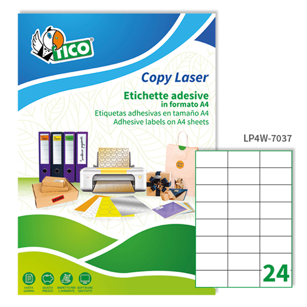  Etichette adesive LP4W - in carta - permanenti - 70 x 37 mm - 24 et/fg - 100 fogli - bianco - Tico 