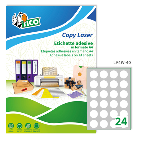  Etichette adesive LP4W - in carta - con margini - permanenti - diametro 40 mm - 24 et/fg - 100 fogli - bianco - Tico 