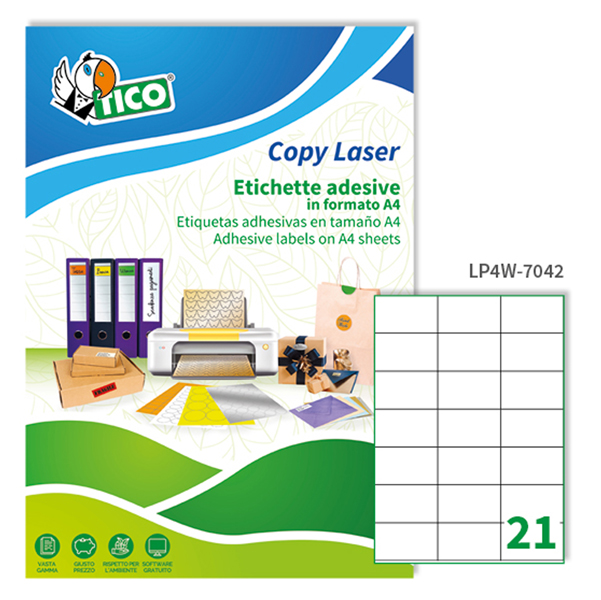  Etichette adesive LP4W - in carta - permanenti - 70 x 42,3 mm - 21 et/fg - 100 fogli - bianco - Tico 