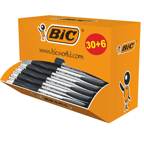  Penne a sfera a scatto Atlantis - punta 1,0mm - nero - Bic - conf. 30 + 6 pezzi 