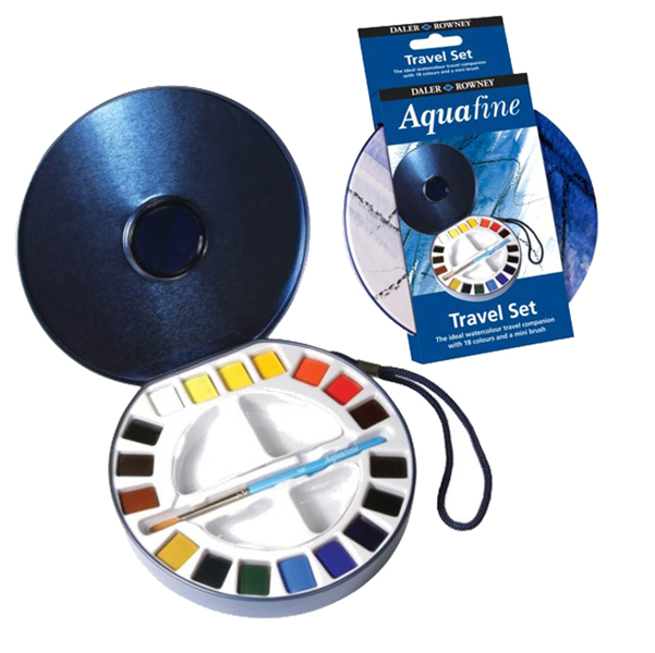  Acquerelli Aquafine Godet - colori assortiti - Daler Rowney - scatola in metallo 18 acquerelli + pennello + 2 tavolozze 