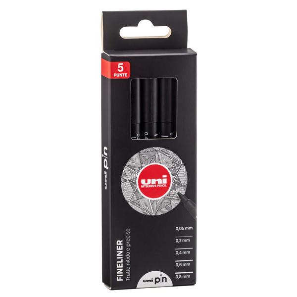  Astuccio Pin fineliner - nero - Uni Mitsubishi - conf. 5 pezzi 