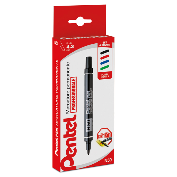  Marcatore permanente N50 - punta tonda - astuccio 4 colori assortiti - Pentel 