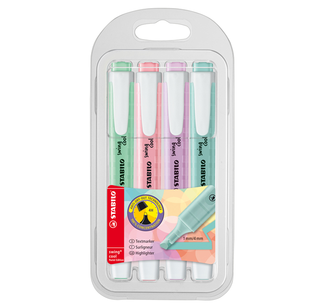  Evidenziatore Swing Cool Pastel - punta a scalpello - tratto 1 - 4 mm - colori assortiti - Stabilo - astuccio 4 pezzi 