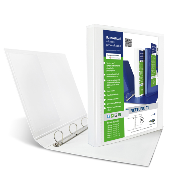  Raccoglitore personalizzabile Nettuno Ti - 22 x 30 cm - 4 anelli a D 30 mm - dorso 3,5 cm - bianco - Sei Rota 
