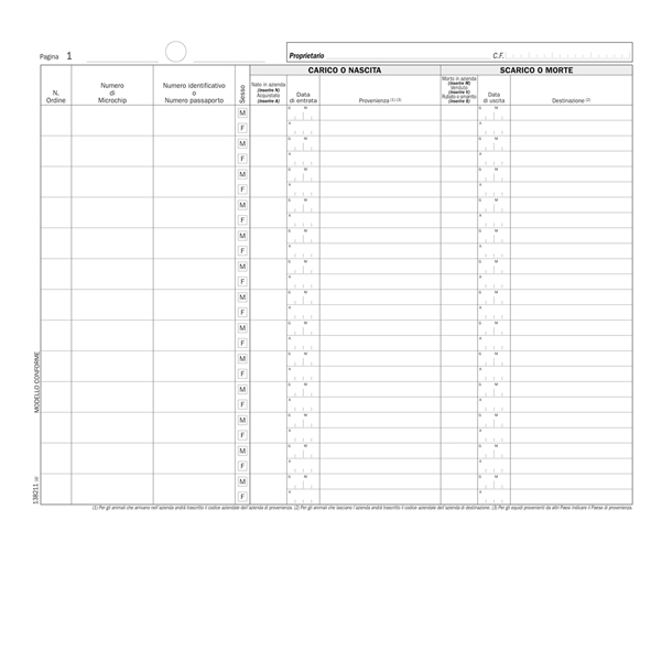  Registro carico/scarico equidi - 46 pagine numerate - 31 x 24,5 cm - DU138211000 - Data ufficio 