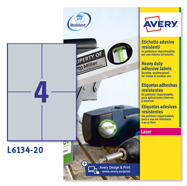  Etichette adesive L6134 - in poliestere - laser - permanenti - 105 x 148 mm - 4 et/fg - 20 fogli - argento - Avery 
