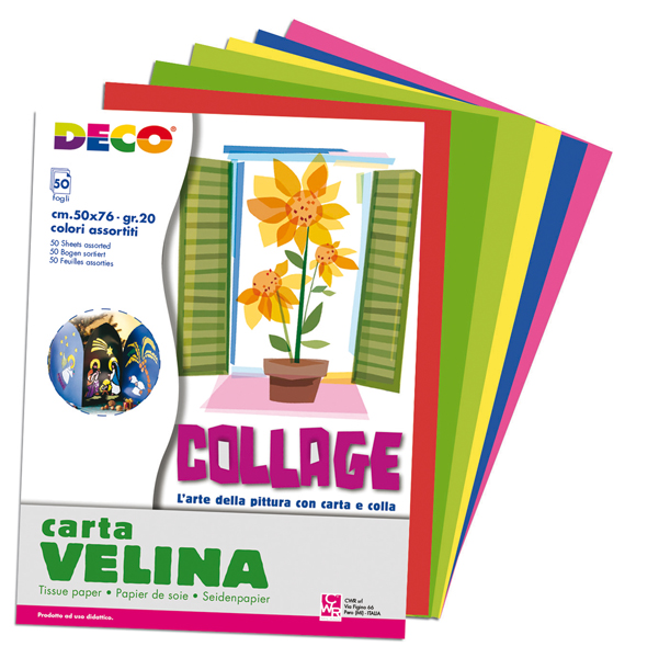  Carta velina - 50 x 76 cm - 20 gr - 10 colori assortiti - Deco - busta 50 fogli 