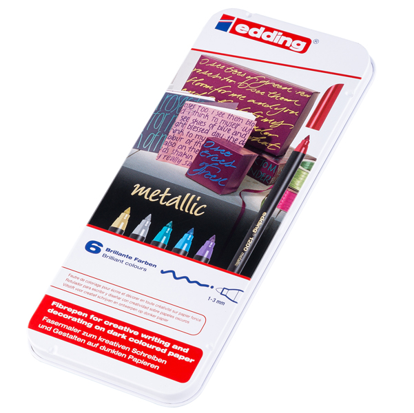  Pennarello 1200 - punta fibra tonda - 1 mm - colori assortiti metallic - Edding - astuccio metallo da 6 pezzi 