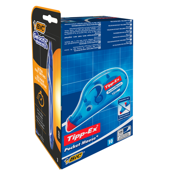  Correttore a nastro Pocket Mouse Tipp-Ex + penna Gelocity QuickDry Bic - promo box 10 + 1 pezzi 