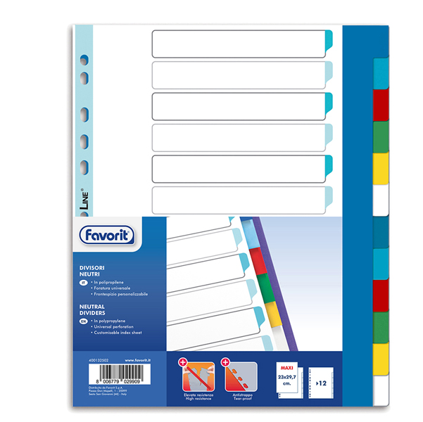  Divisori Neutri a 12 tacche - PP - A4 maxi - colori assortiti - Favorit 