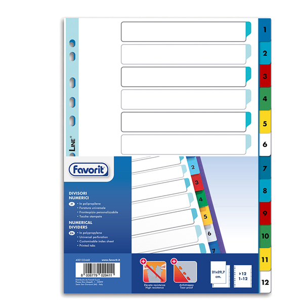  Divisori numerici 12 tacche - A4 - PP - colori assortiti - Favorit 