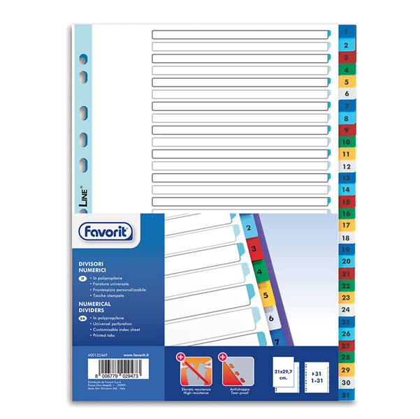  Divisori numerici 31 tacche - A4 - PP - colori assortiti - Favorit 