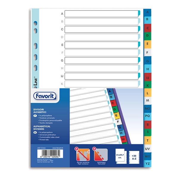  Divisori alfabetici 20 tacche - PP - A4 - colori assortiti - Favorit 