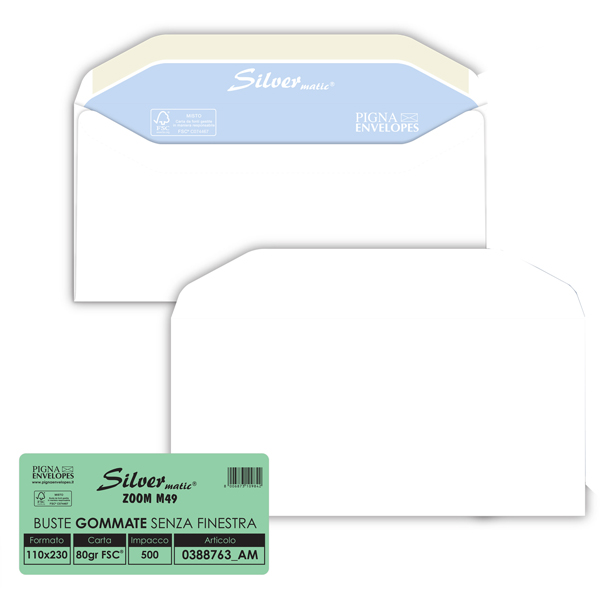  Busta Silver Matic FSC - senza finestra - gommata - 11 x 23 cm - 80 gr - bianco - Pigna Envelopes - conf. 500 pezzi 