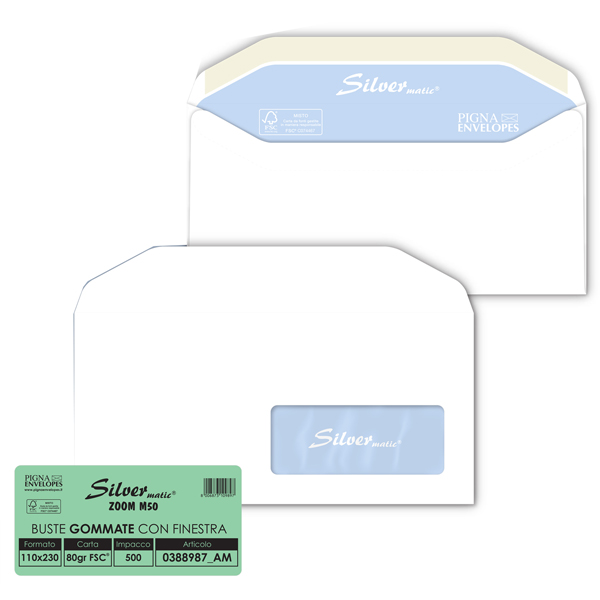  Busta Silver Matic Lux FSC - con finestra - gommata - 11 x 23 cm - 80 gr - bianco - Pigna Envelopes - conf. 500 pezzi 