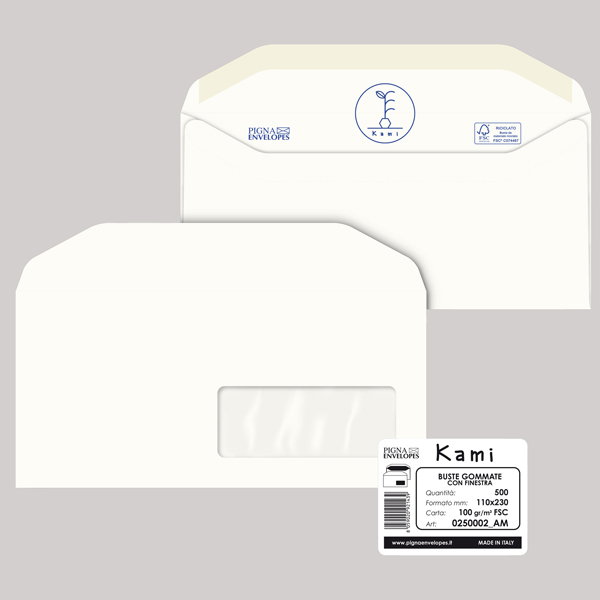  Busta Kami Gommata - con finestra - 11 x 23 cm - 100 gr - carta riciclata FSC - bianco - Pigna Envelopes - conf. 500 pezzi 