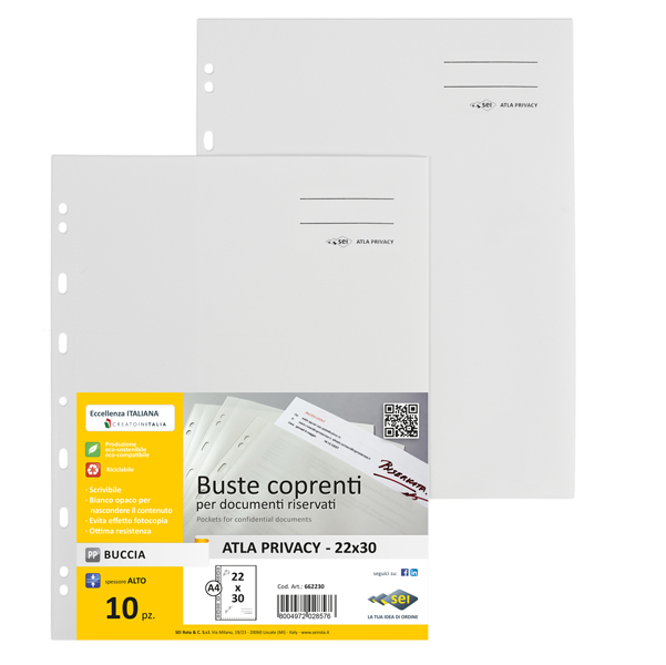  Buste con foratura universale Atla Privacy - per documenti riservati - 22 x 30 cm - bianco - Sei Rota - conf. 10 pezzi 