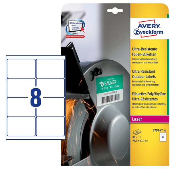  Etichette protezione e sicurezza - in PE - laser - permanenti - 99,1 x 67,7 mm - 8 et/fg - 10 fogli - bianco - Avery 
