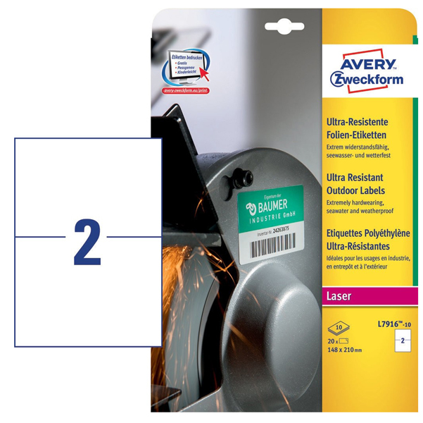  Etichette protezione e sicurezza - in PE - laser - permanenti - 210 x 148 mm - 2 et/fg - 10 fogli - bianco - Avery 