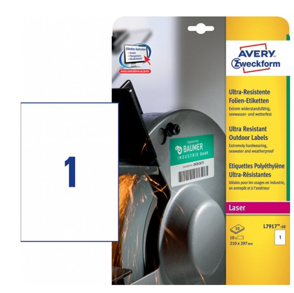  Etichette protezione e sicurezza - in PE - laser - permanenti - 210 x 297 mm - 1 et/fg - 10 fogli - bianco - Avery 