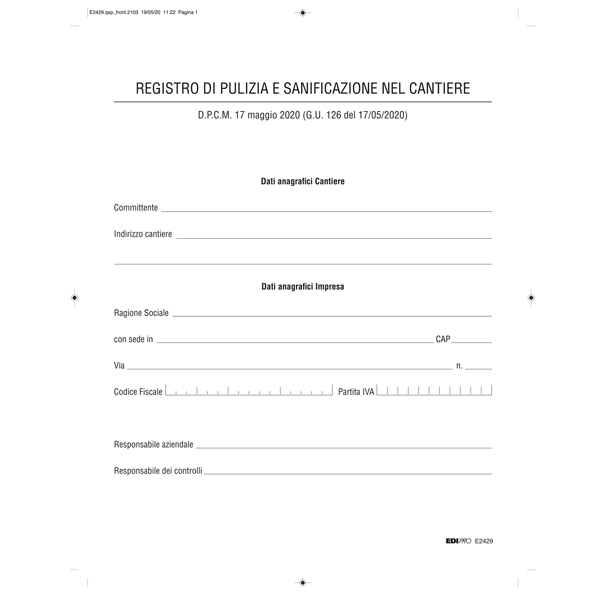  Registro di pulizia e sanificazione nel cantiere - Edipro 