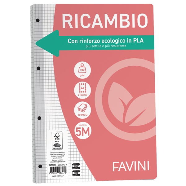  Ricambi forati riforzati ecologico - A4 - 5mm - 100 gr - Favini - conf. 40 pezzi 