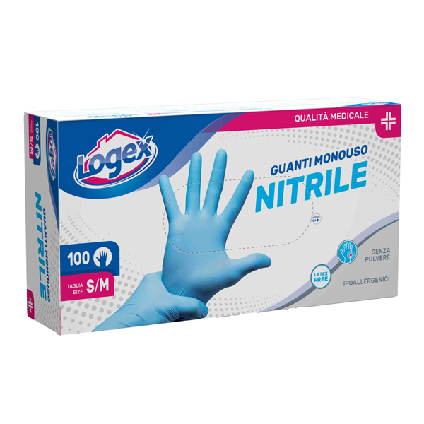  Guanti in nitrile non talcato - per uso medicale - taglia S/M - azzurro - Logex Professional - scatola 100 pezzi 