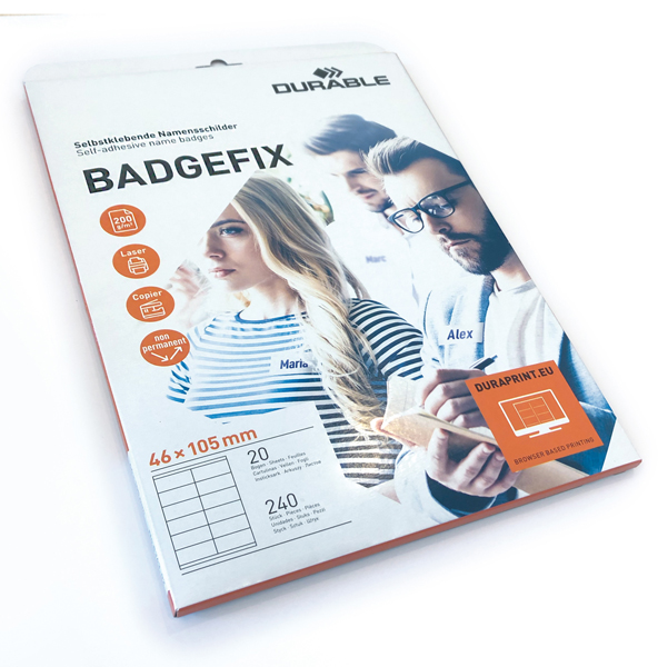  Badge adesivi Badgefix - 20 fogli con 12 badge 46x105 mm - Durable 