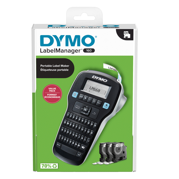  Promo Pack ETICHETTATRICE LABELMANAGER 160 DYMO+3 nastri D1 12mm N/B 