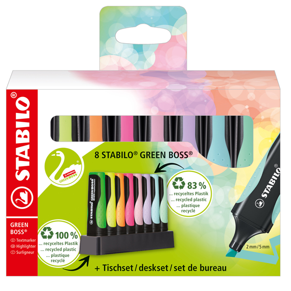  Evidenziatore Stabilo Green Boss - punta a scalpello - tratto 2 - 5mm - colori assortiti - Stabilo - deskset 8 pezzi 