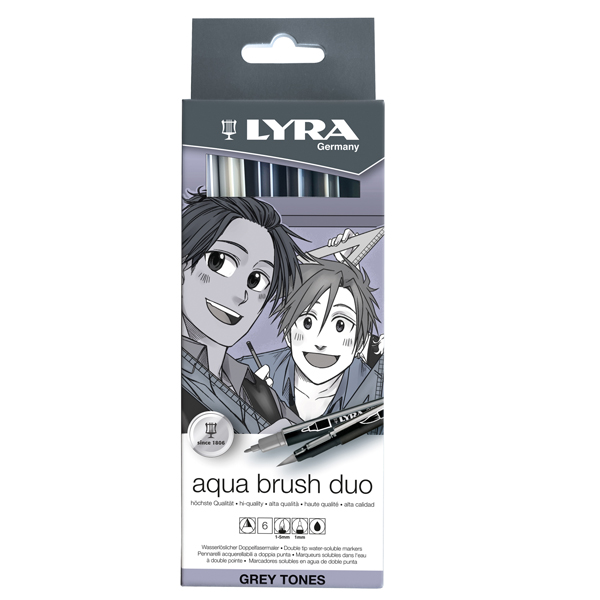  Pennarello Aqua Brush Duo - scala di grigio - Lyra - conf. 6 pezzi 