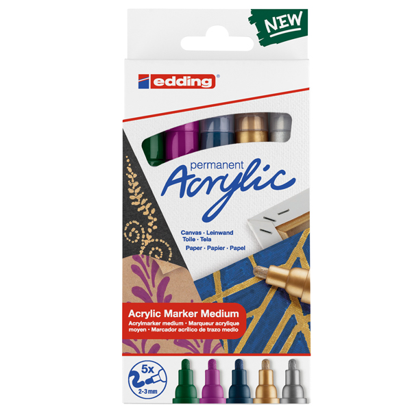  Marcatore permanente acrilico 5100 - punta tonda - da 2 a 3 mm - colori assortiti festa - Edding - conf. 5 pezzi 