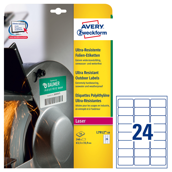  Etichette adesive - in PE - laser - permanenti - 63,5 x 33,9 mm - 24 et/fg - 10 fogli - bianco - Avery 