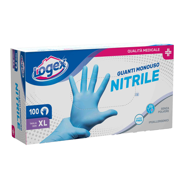  Guanti in nitrile non talcato - per uso medicale - taglia XL - azzurro - Logex Professional - scatola 100 pezzi 