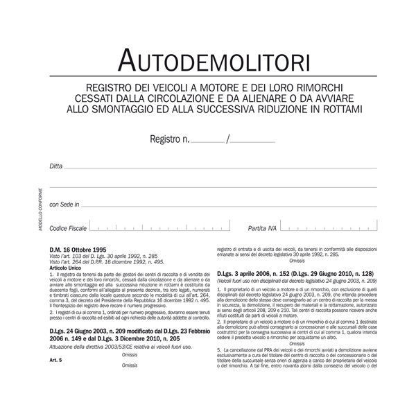  Registro autodemolitori - 200 pagine numerate - DU134020000 - Data Ufficio 