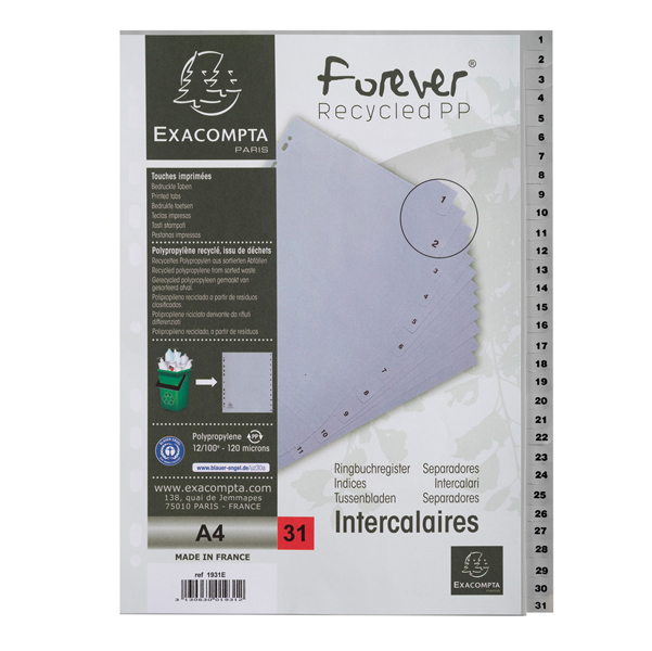  Intercalare numerico - 31 tasti - A4 - PP riciclato - grigio - Exacompta 