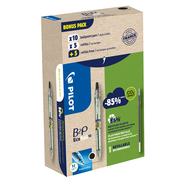  Penna a sfera scatto B2P Ecoball BeGreen - punta 1.0 mm - 10 refill B2P inclusi - nero - Pilot - conf. 10 pezzi 