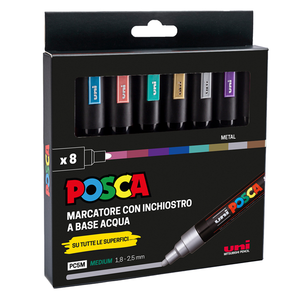  Marcatore Uni Posca PC5M - punta media 1,8-2,5 mm - colori assortiti metal - Uni Mitsubishi - conf. 8 pezzi 