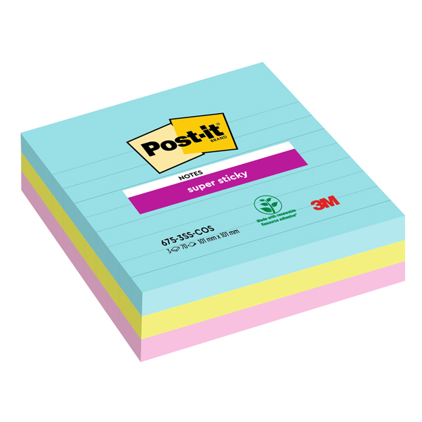  Blocco Post-it Super Sticky - 675-3SS-COS - a righe - 101 x 101 mm - colori Cosmic - 70 fogli - Post-it - conf. 3 pezzi 