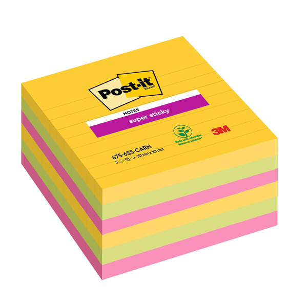  Blocco Post-it Super Sticky - 675-6SS-CARN - a righe - 101 x 101 mm - colori Carnival - 90 fogli - Post-it - conf. 6 pezzi 