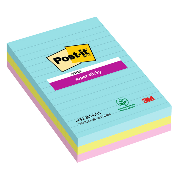  Blocco Post-it Super Sticky - 4690-SS3COS - a righe - 101 x 152 mm - colori Cosmic - 90 fogli - Post-it - conf. 3 pezzi 