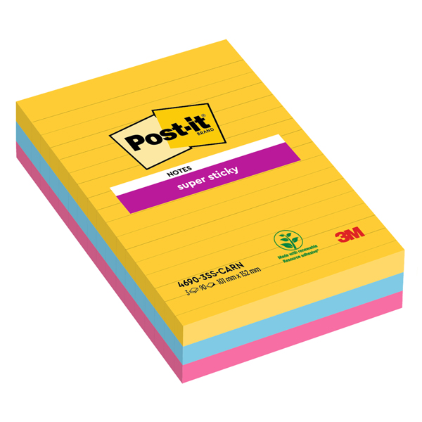  Blocco Post-it Super Sticky - 4690-3SS-CARN - a righe - 101 x 152 mm - colori Carnival - 90 fogli - Post-it - conf. 3 pezzi 