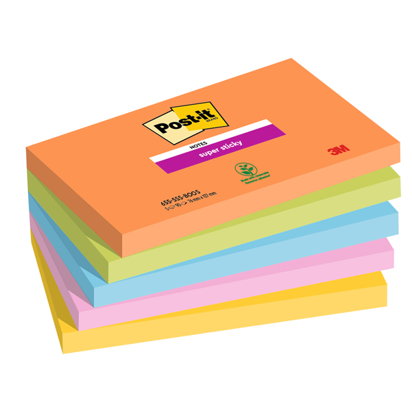  Blocco Post-it Super Sticky - 655-5SS-OAS - 76 x 127 mm - colori Boost - 90 fogli - Post-it - conf. 5 pezzi 