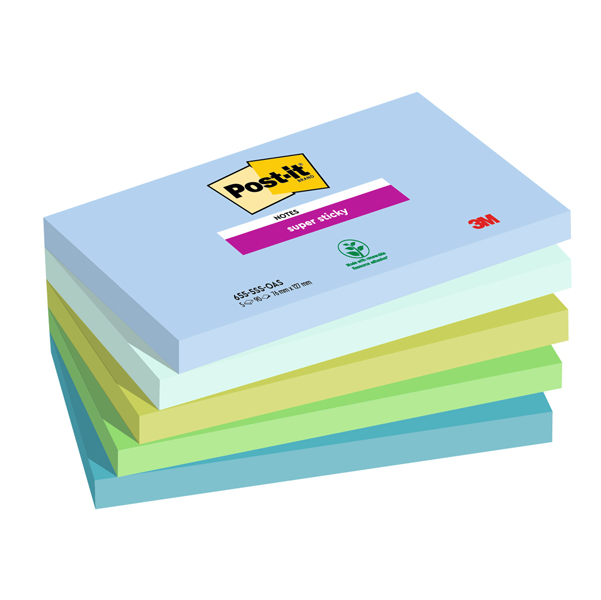  Blocco Post-it Super Sticky - 655-5SS- OAS - 76 x 127 mm - colori Oasis - 90 fogli - Post-it - conf. 5 pezzi 